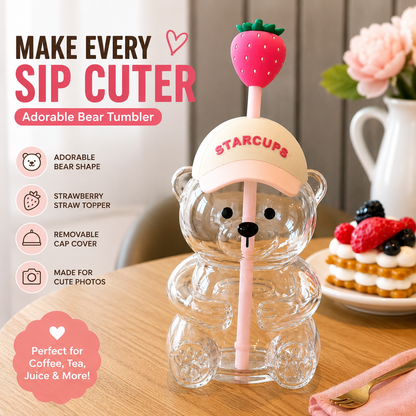 🔥 TODAY 55% OFF🐻Cute Teddy Bear Glass Tumbler with Bear Lid & Strawberry Straw – 20oz Reusable Cup