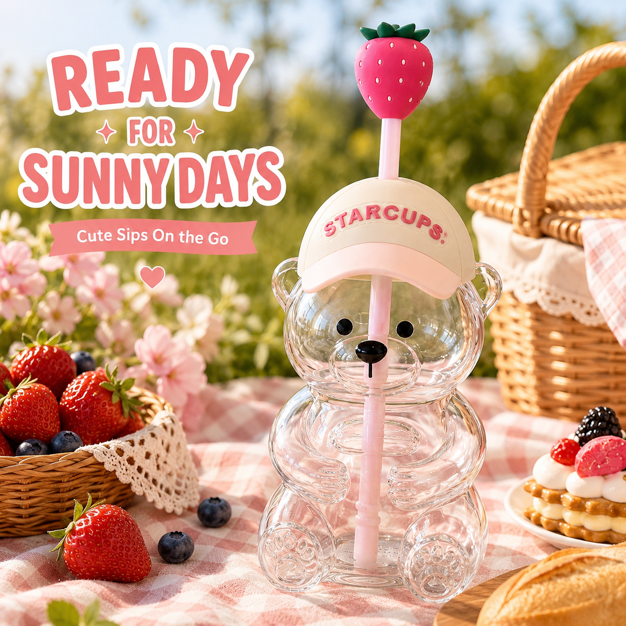 🔥 TODAY 55% OFF🐻Cute Teddy Bear Glass Tumbler with Bear Lid & Strawberry Straw – 20oz Reusable Cup