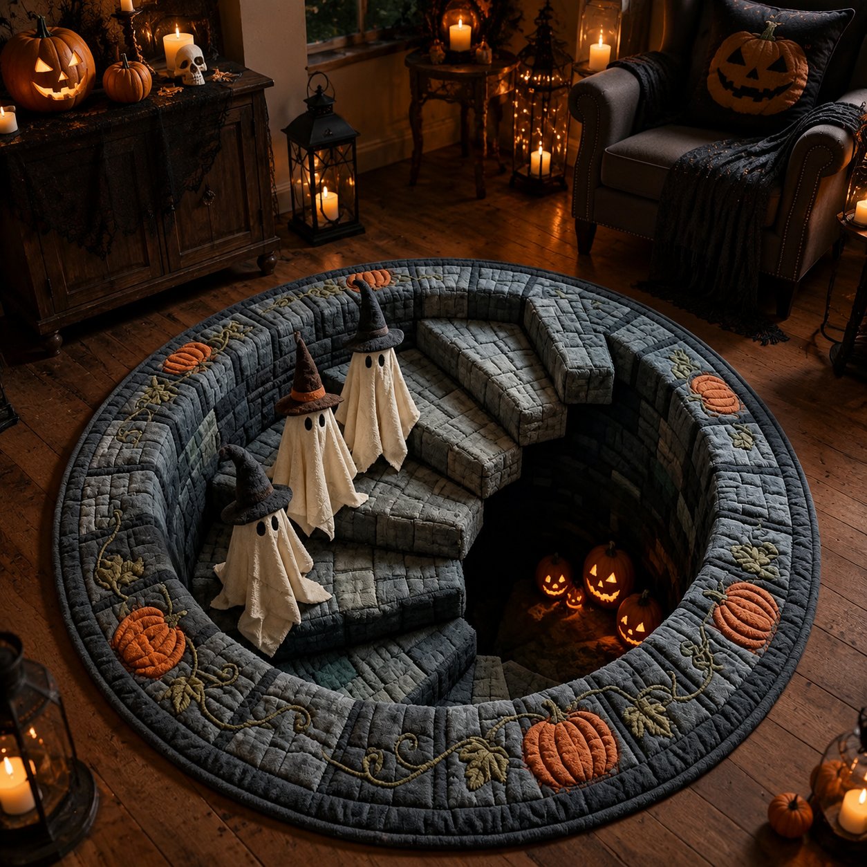 🔥HOT SALE 50%OFF👻3D Haunted Staircase Round Rug – Spooky Halloween Optical Illusion