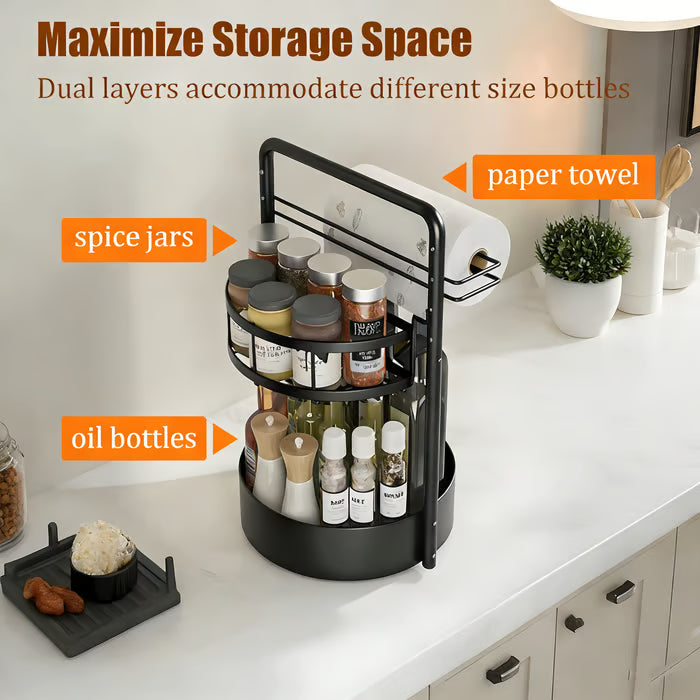 Rotating Spice Rack with Paper Towel Holder🧂🍳 2-Tier Lazy Susan Seasoning Organizer for Kitchen Countertop