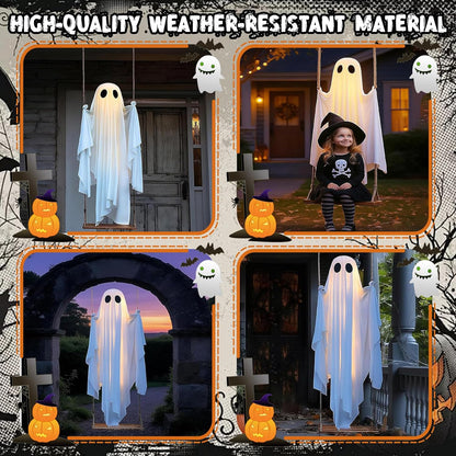🎁50% OFF TODAY🎃👻Halloween Decorations OutdoorHanging Swing Ghost Halloween Decor with String Lights, Spooky Cute Ghosts Decorations for Front Porch Yard Tree