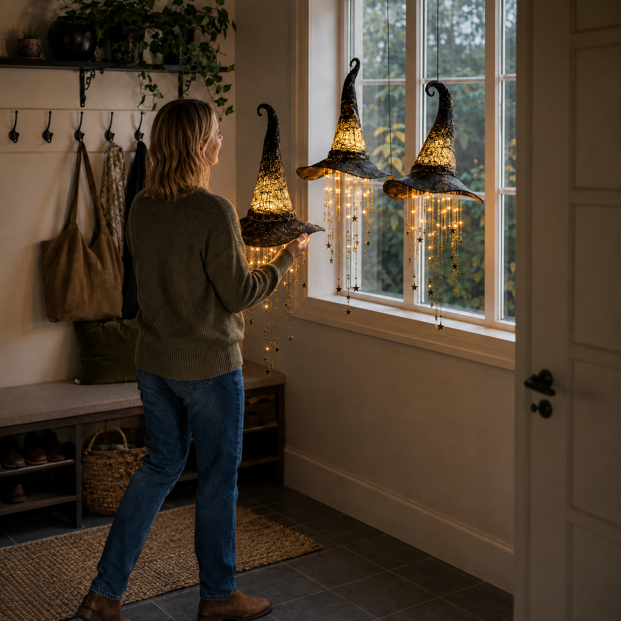 Lighted witch hats displayed indoors near a window