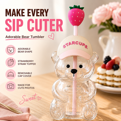 🔥 TODAY 55% OFF🐻Cute Teddy Bear Glass Tumbler with Bear Lid & Strawberry Straw – 20oz Reusable Cup