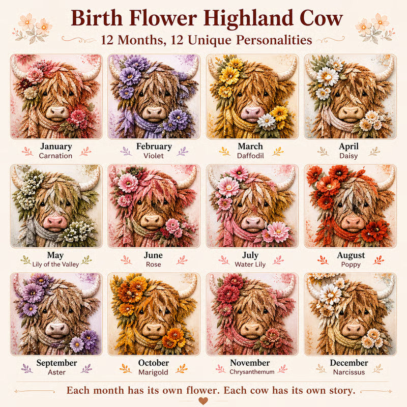 🐮💐🌸 Birth Flower Highland Cow 3D Layered Fabric Art DIY Kit (Beginner-friendly) 🔥