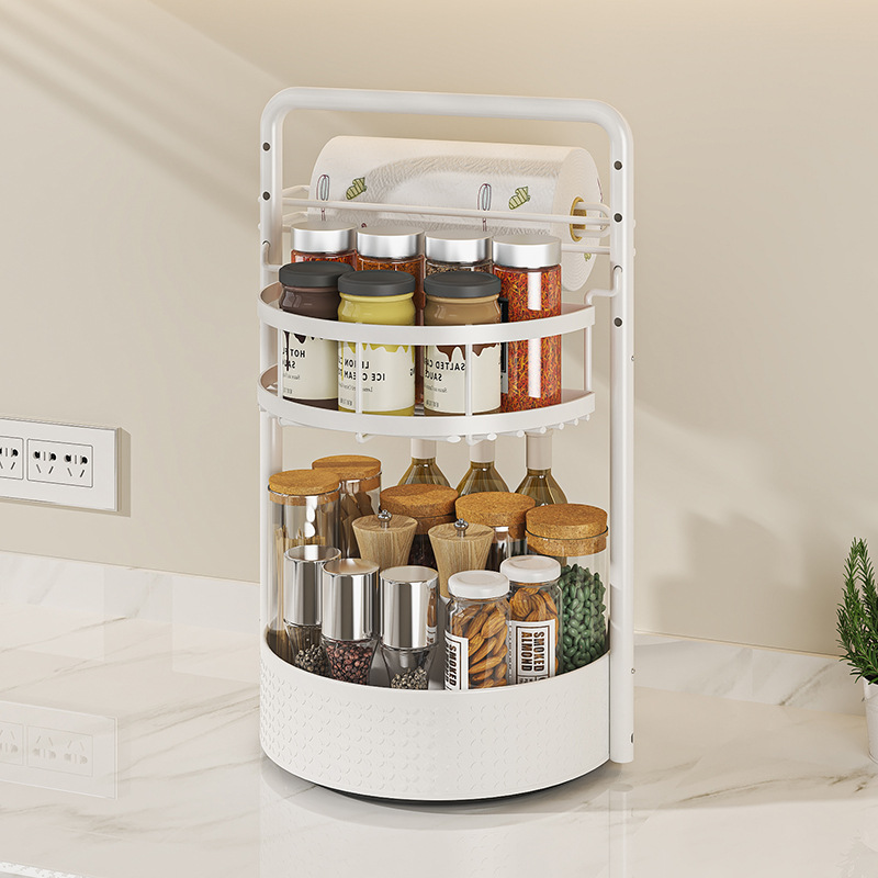 Rotating Spice Rack with Paper Towel Holder🧂🍳 2-Tier Lazy Susan Seasoning Organizer for Kitchen Countertop