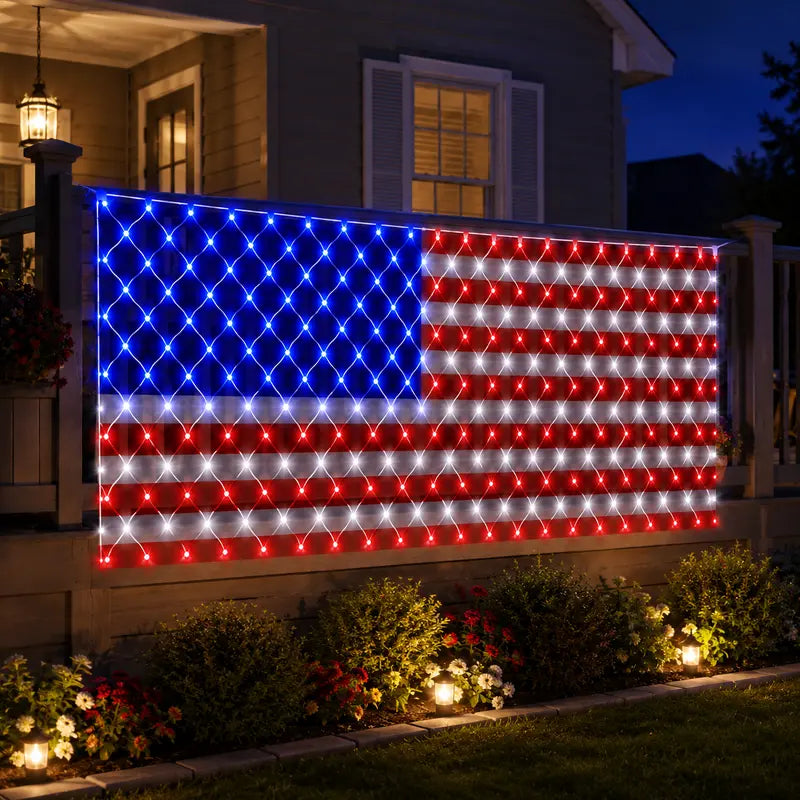 🔥HOT SALE 50% OFF🎆🇺🇸 Solar American Flag Lights Outdoor American Flag Net Lights 6.5ft x 3.28ft Super Bright