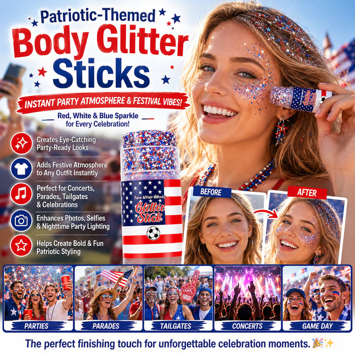 🇺🇸 Patriotic-Themed Body Glitter Sticks Waterproof Red, White & Blue Face & Hair Glitter for Parties, Celebrations & Game Day Looks ✨🎆