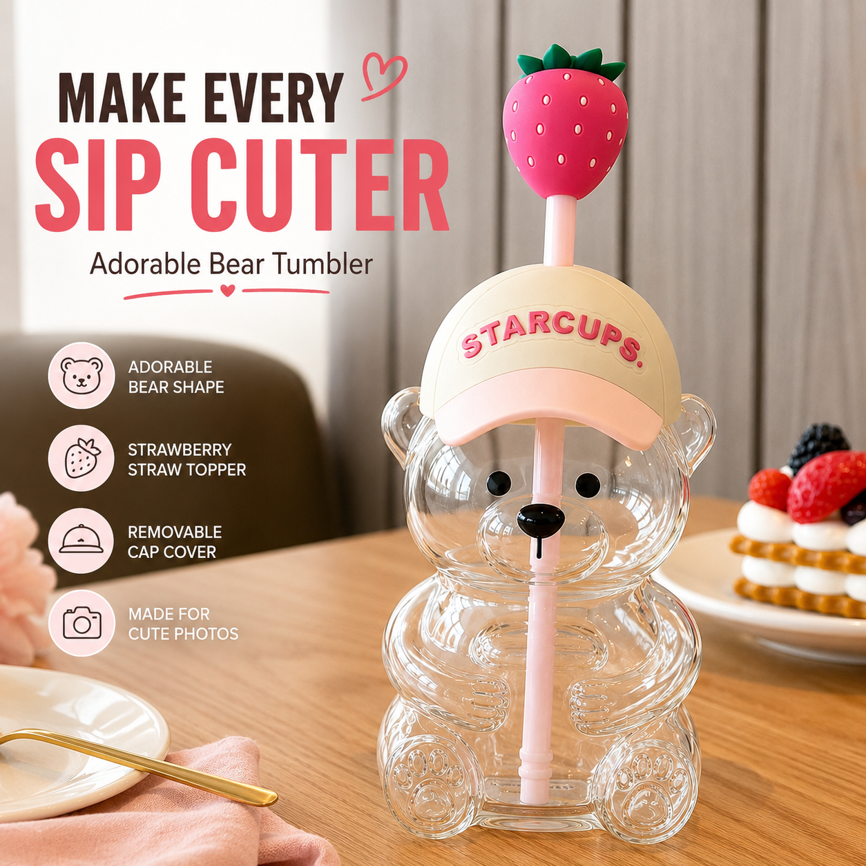 🔥 TODAY 55% OFF🐻Cute Teddy Bear Glass Tumbler with Bear Lid & Strawberry Straw – 20oz Reusable Cup