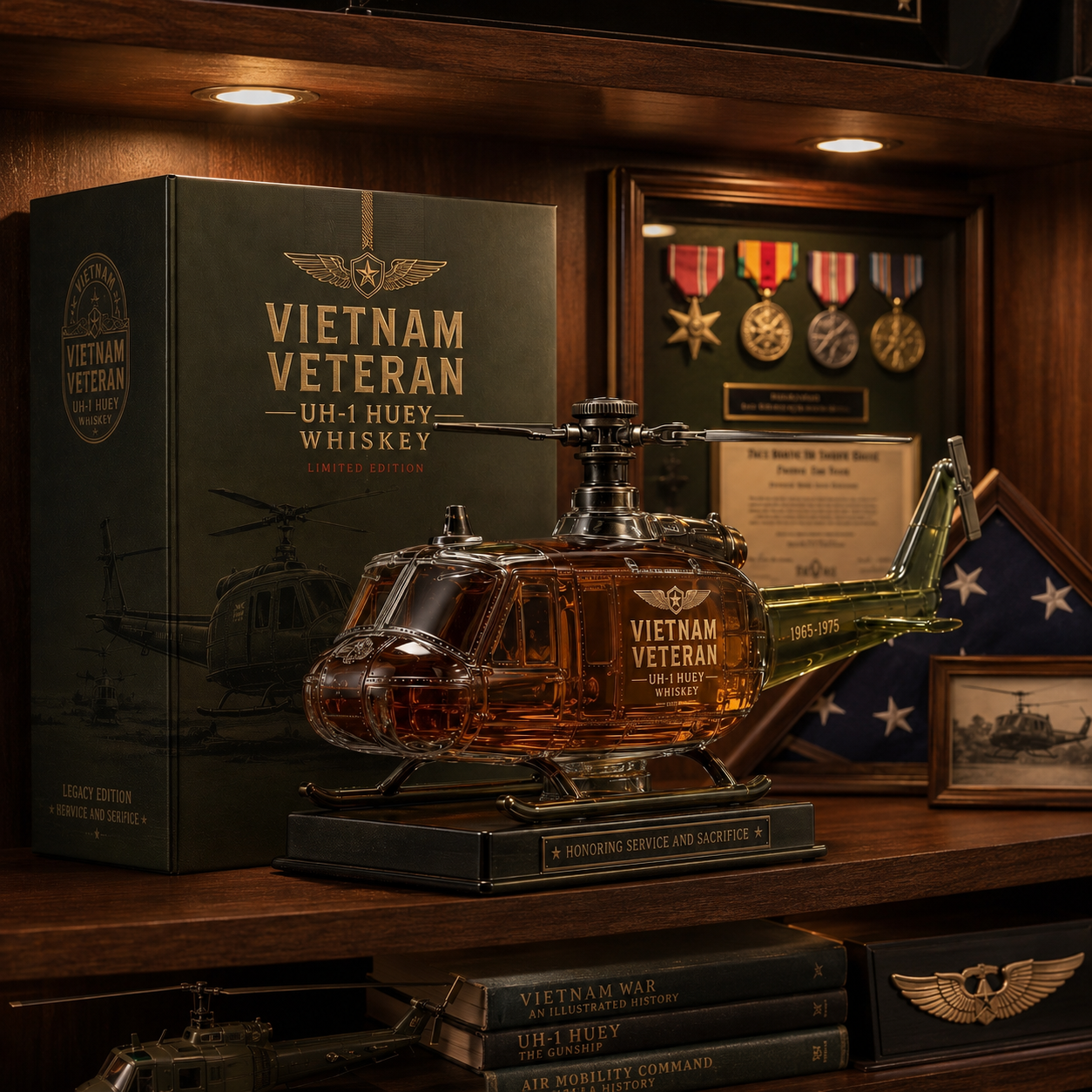 🇺🇸🚁Vietnam Veteran UH-1 Huey Helicopter 1965-1975 Whiskey Bottle
