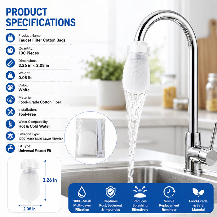 Faucet Filter Cotton Bags - Universal, 100 PCS Splash-Proof Faucet Filter Set 2