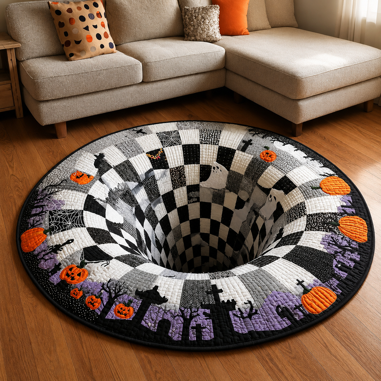 🔥Last Day Promotion🎃3D Skeleton Vortex Quilted Round Halloween Rug