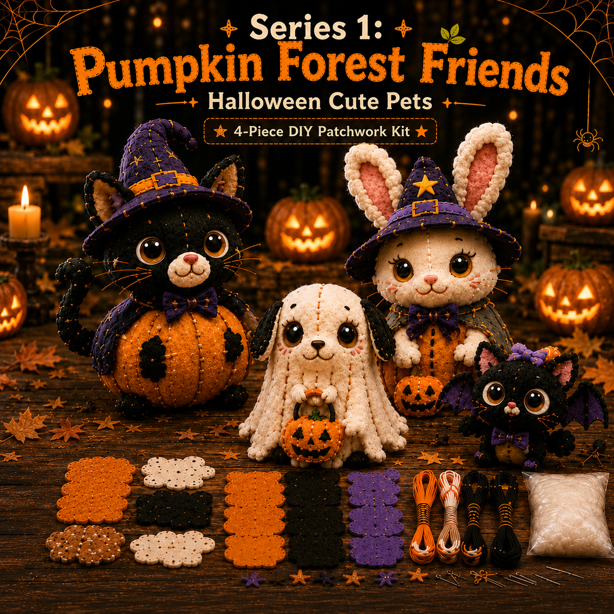 🔥 50% OFF TODAY | 🎃 Halloween Friends 4-Piece DIY Patchwork Kit Collection 🧵👻