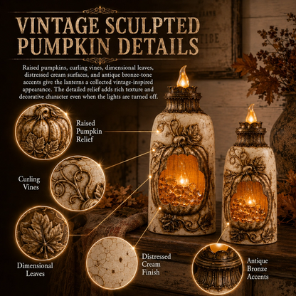 Vintage Lighted Pumpkin Lantern – Distressed Farmhouse Fall Decor with Warm Amber Glow