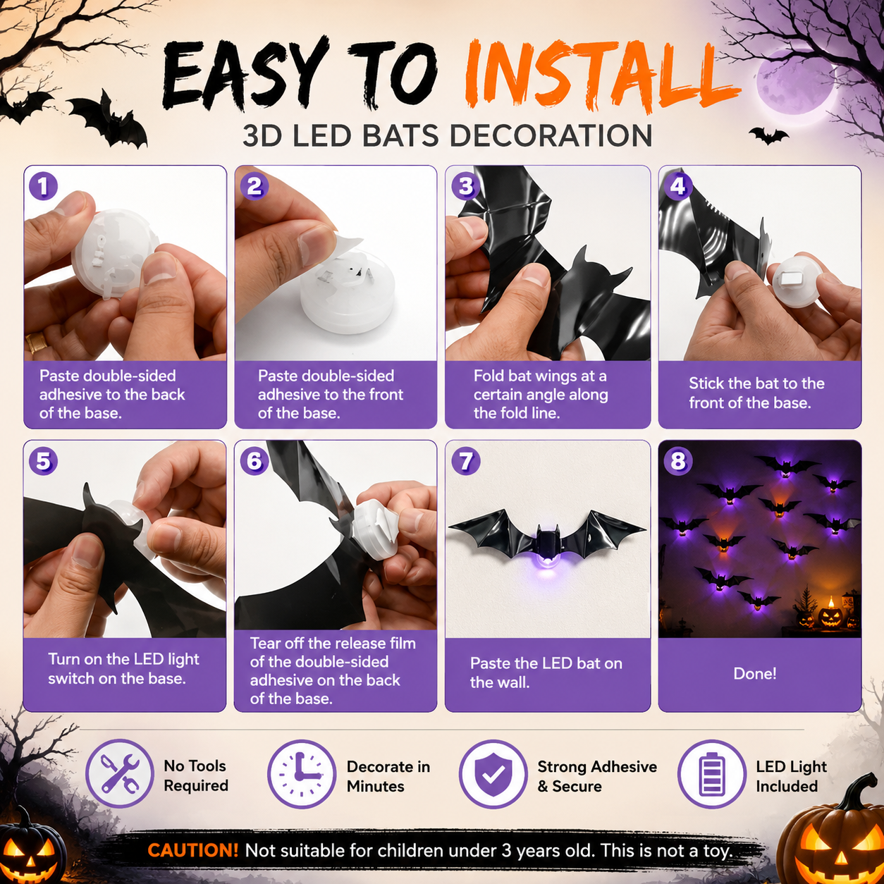 🦇 LED 3D Glowing Bat Wall Sticker Set Halloween Spooky Ambiance Decoration 🏷️