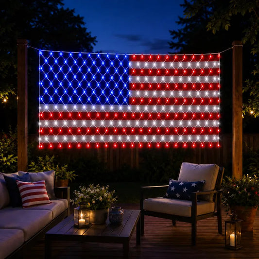🔥HOT SALE 50% OFF🎆🇺🇸 Solar American Flag Lights Outdoor American Flag Net Lights 6.5ft x 3.28ft Super Bright