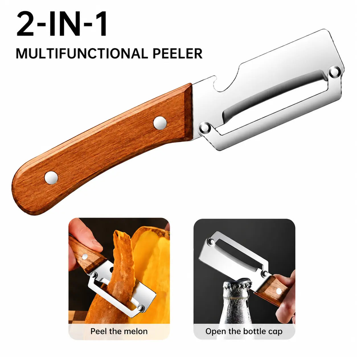 2 PCS Wood Handle Multifunction Kitchen Peeler for Peel, Slice & Bottle Opening