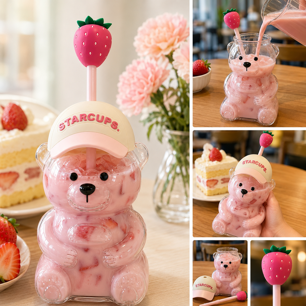 🔥 TODAY 55% OFF🐻Cute Teddy Bear Glass Tumbler with Bear Lid & Strawberry Straw – 20oz Reusable Cup