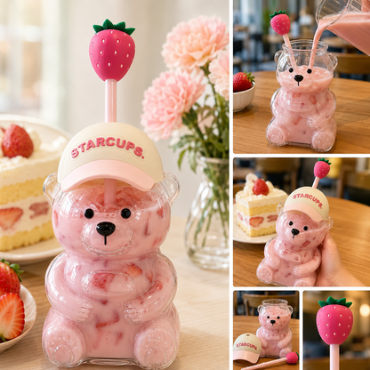 🔥 TODAY 55% OFF🐻Cute Teddy Bear Glass Tumbler with Bear Lid & Strawberry Straw – 20oz Reusable Cup