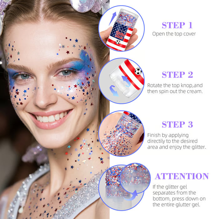 🇺🇸 Patriotic-Themed Body Glitter Sticks Waterproof Red, White & Blue Face & Hair Glitter for Parties, Celebrations & Game Day Looks ✨🎆