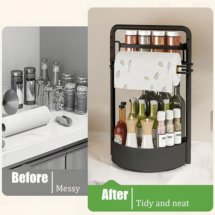 Rotating Spice Rack with Paper Towel Holder🧂🍳 2-Tier Lazy Susan Seasoning Organizer for Kitchen Countertop