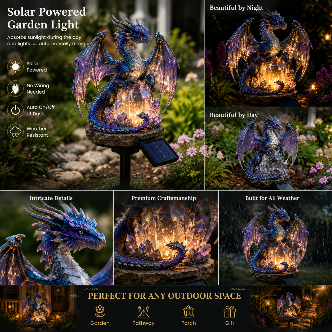 🏅2026 Best Selling Solar Garden Lights 🐉 Amethyst Crystal Dragon – Solar Dragon Crystal Garden Light✨️