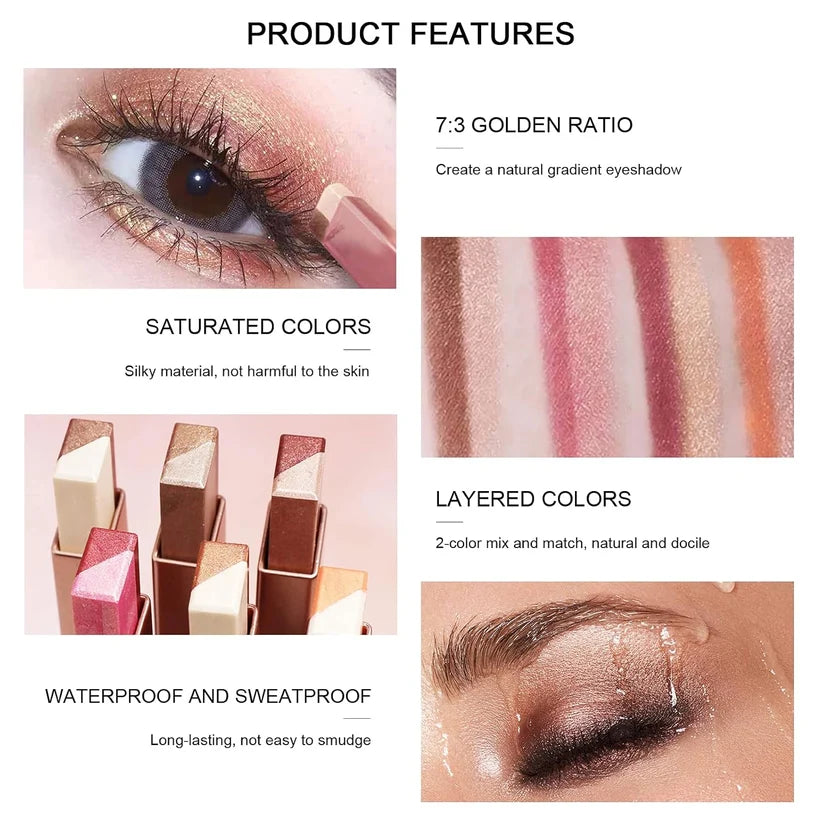 Two-Tone Shimmer Gradient Shadow, Duo Chrome Metallic Eyeshadow Stick Waterproof Glitter Eye Shadow Pen