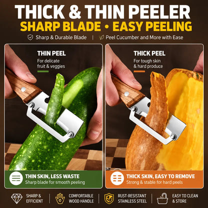 2 PCS Wood Handle Multifunction Kitchen Peeler for Peel, Slice & Bottle Opening