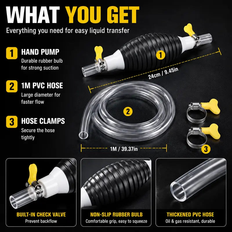 ⛽Manual Siphon Pump Kit with 1M Hose,Valve, Rubber Pump Bulb & 2 Hose Clamps, Liquid Transfer Pump for Fuel Water Oil, Car Boat Motorcycle