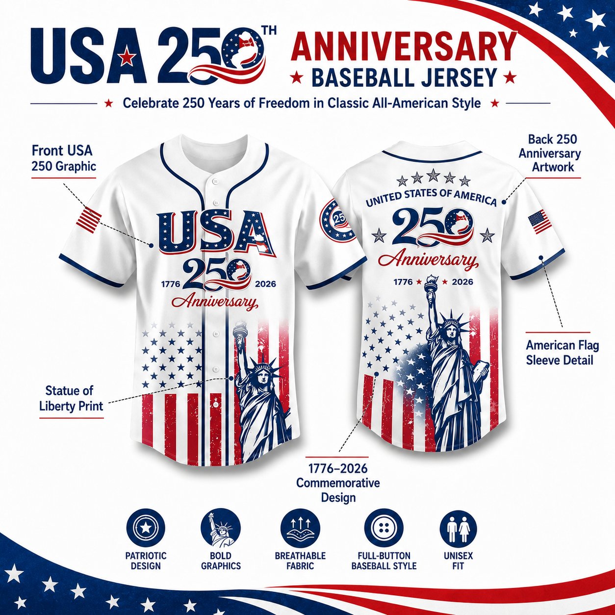 🔥HOT SALE 55% OFF👕USA 250th Anniversary Patriotic Baseball Jersey 1776–2026 4th of July Shirt