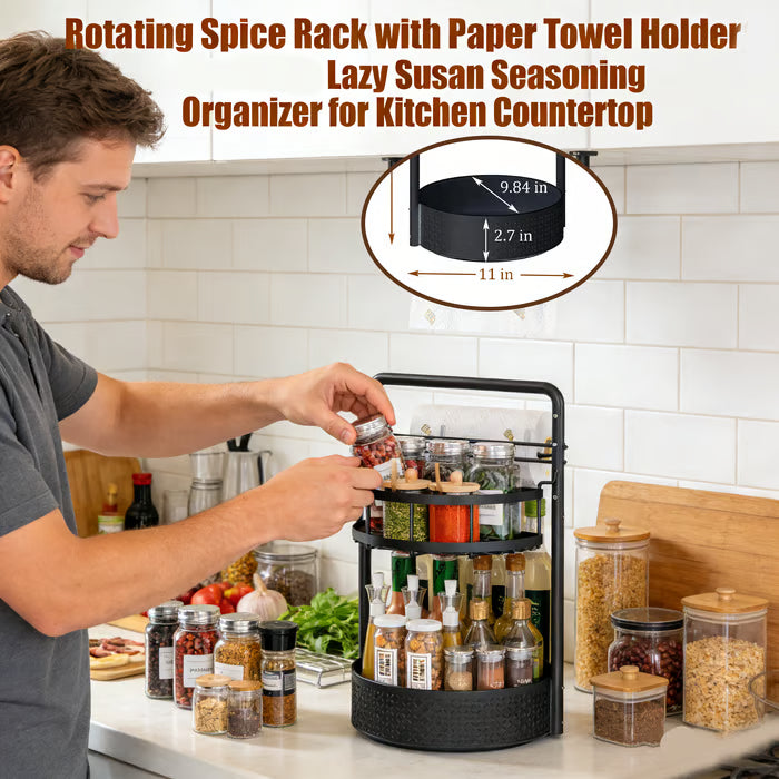 Rotating Spice Rack with Paper Towel Holder🧂🍳 2-Tier Lazy Susan Seasoning Organizer for Kitchen Countertop