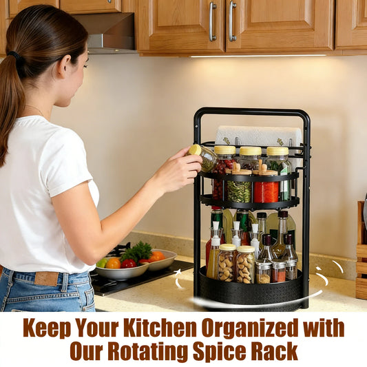 Rotating Spice Rack with Paper Towel Holder🧂🍳 2-Tier Lazy Susan Seasoning Organizer for Kitchen Countertop