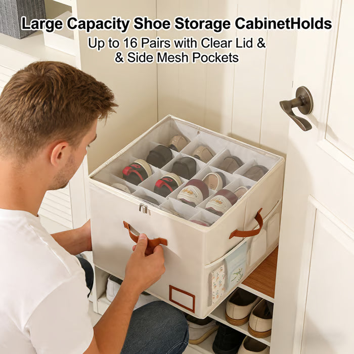 👟Large capacity shoe cabinet storage box Holds Up to 16 Pairs with Clear Lid & Side Mesh Pockets