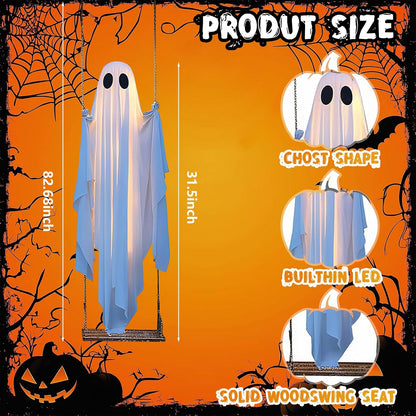 🎁50% OFF TODAY🎃👻Halloween Decorations OutdoorHanging Swing Ghost Halloween Decor with String Lights, Spooky Cute Ghosts Decorations for Front Porch Yard Tree
