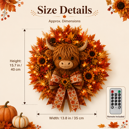 🍂🐮Autumn Highland cow wreath decoration with lights