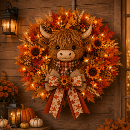 🍂🐮Autumn Highland cow wreath decoration with lights