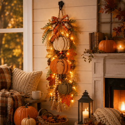 🏡🎃Rustic Wooden Pumpkin Door Hanging with Warm LED Lights