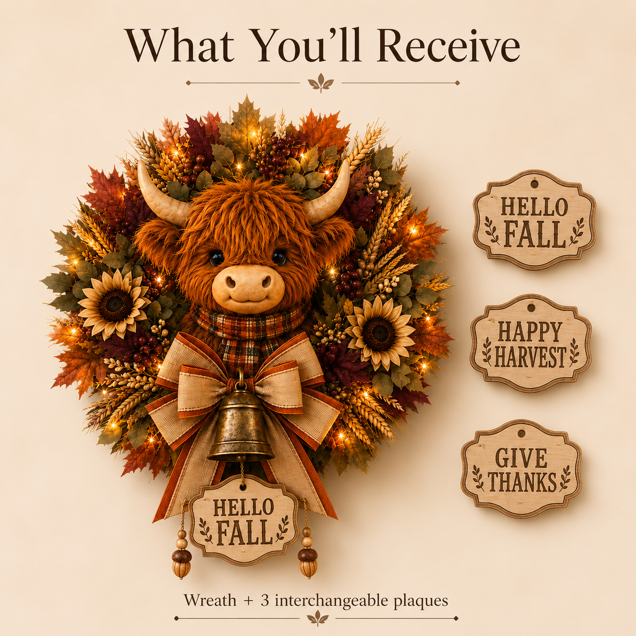 🍂🐮Autumn Highland cow wreath decoration with lights
