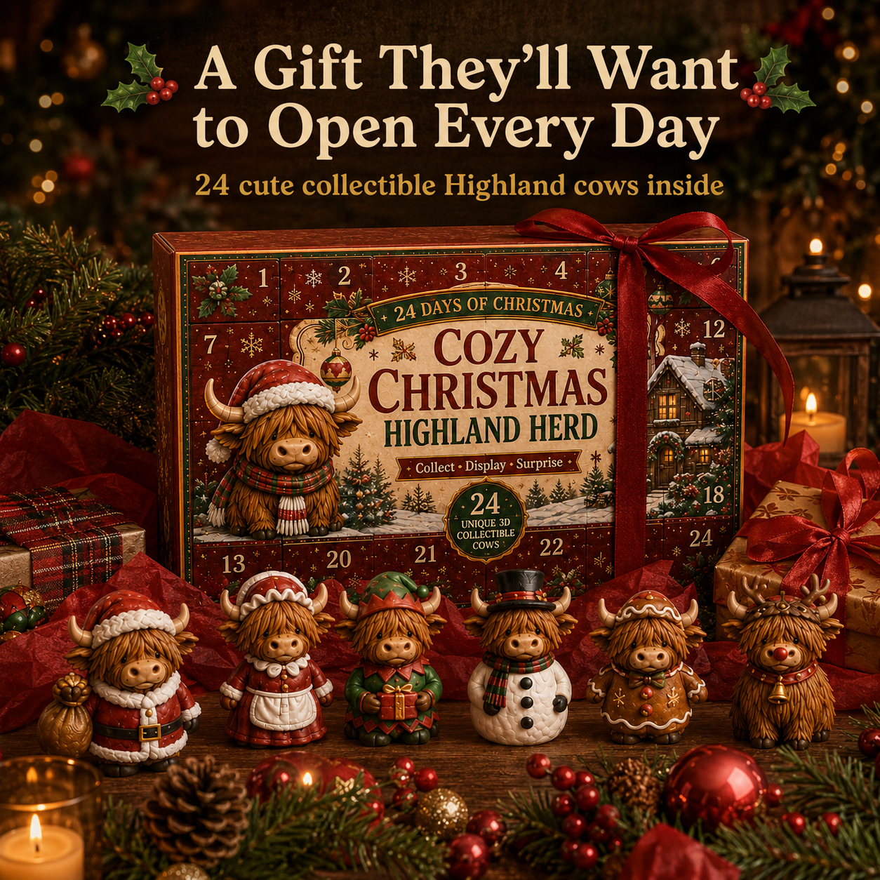 🎄🐮24-Day Christmas Cow Countdown Calendar – 24 Collectible Holiday Figurines