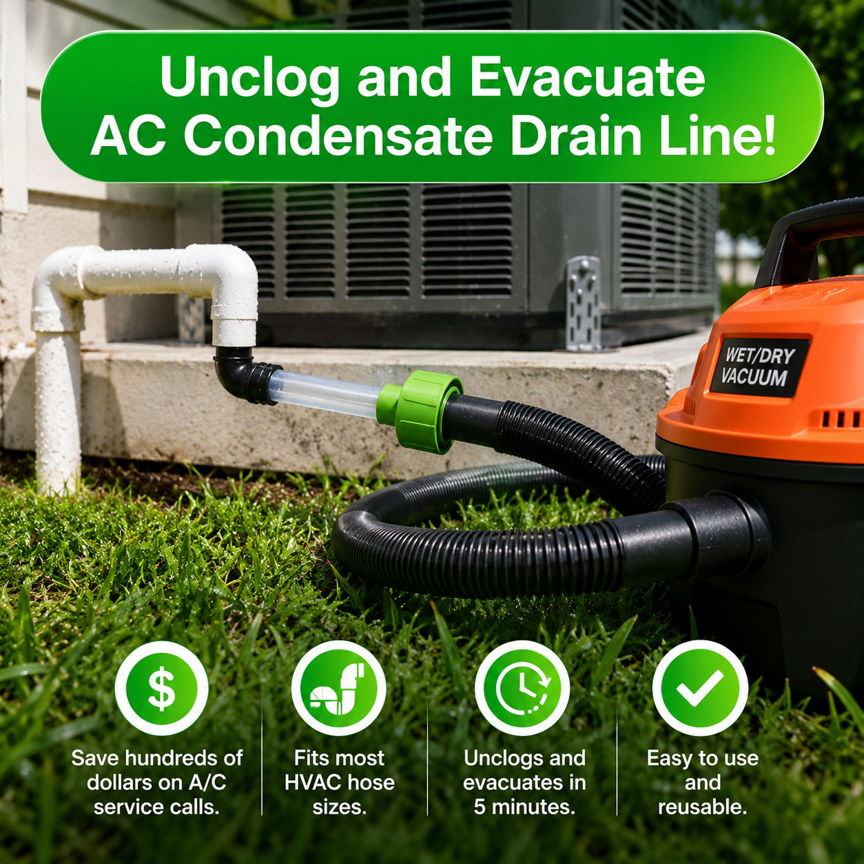 🔥HOT SALE 50% OFF🧊AC Drain Line Cleaner Adapter Evacuates & Unclog AC Drain Line