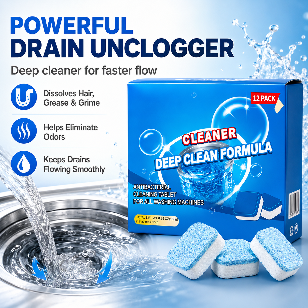 🔥HOT SALE 55% OFF💥🫧Drain Cleaning Tablets 12 Pack For Sinks, Showers & Washing Machines