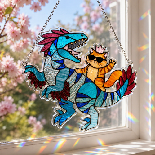 🌈 Princess Cat & Dino Acrylic Suncatcher – Turn Sunlight Into Magic ✨