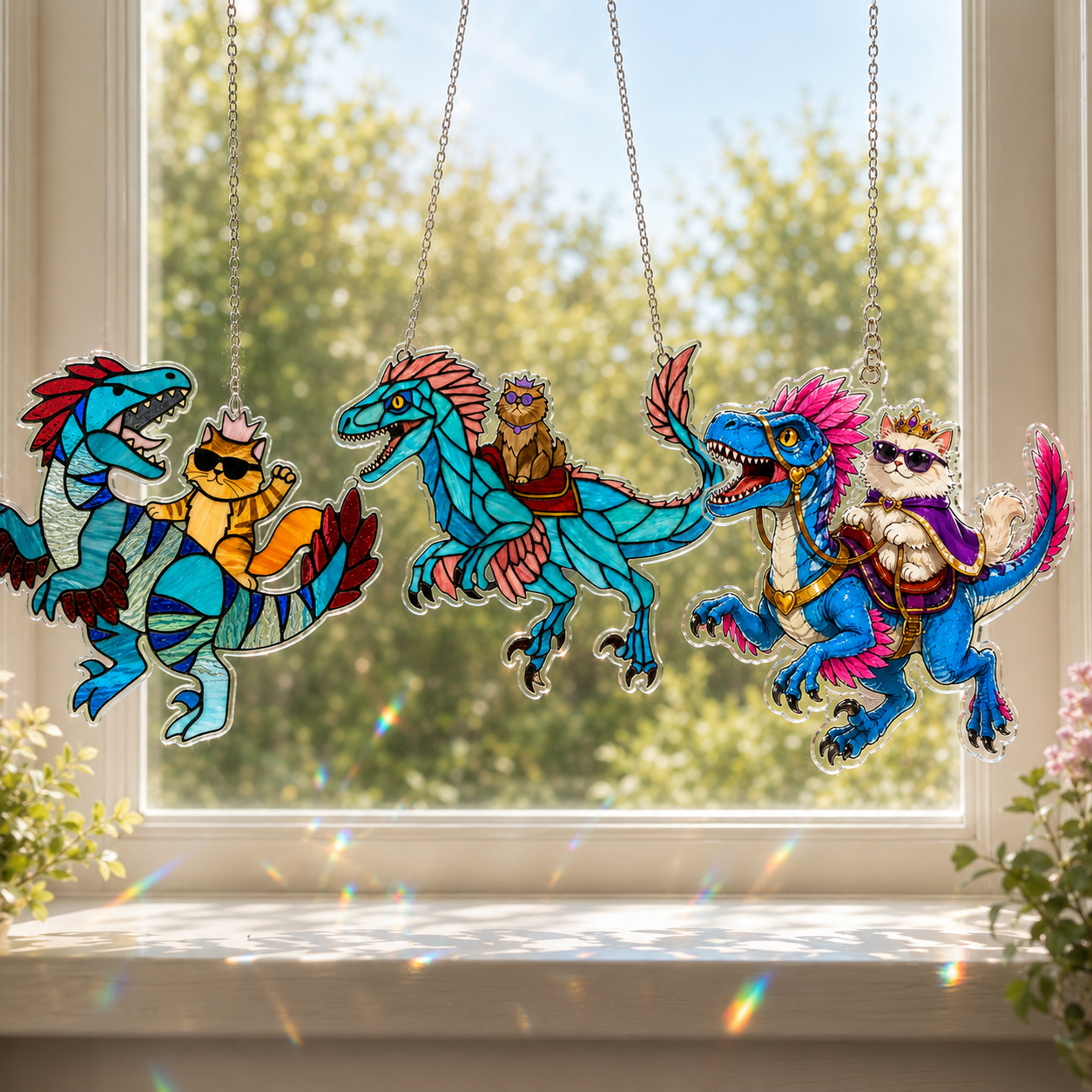 🌈 Princess Cat & Dino Acrylic Suncatcher – Turn Sunlight Into Magic ✨