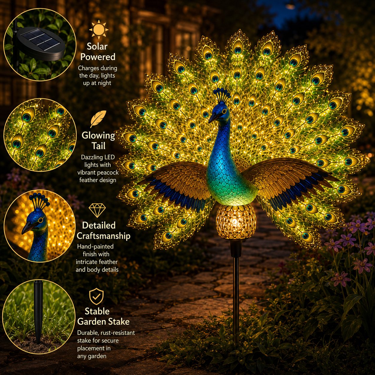 🦚Solar Peacock Garden Sculpture – Lifelike Color Glowing Outdoor Yard Landscape Ornament
