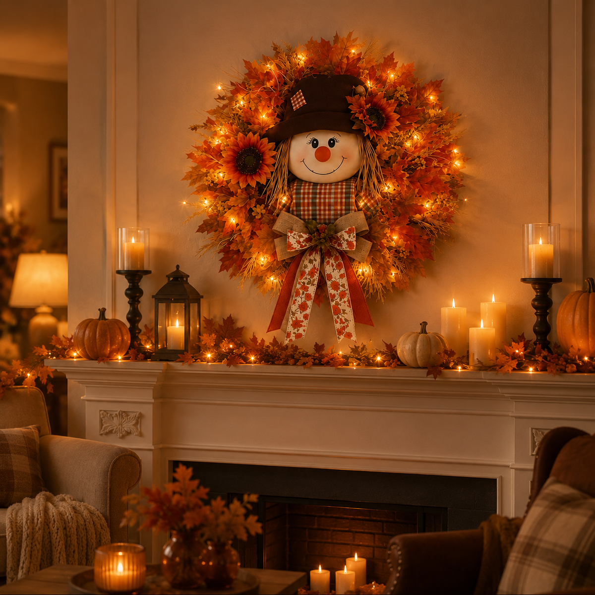 🍂🌻Lighted Scarecrow Fall Wreath for Front Door