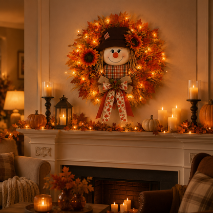 🔥🍁 Fall Favorite – Lighted Scarecrow Front Door Wreath & Free Shipping