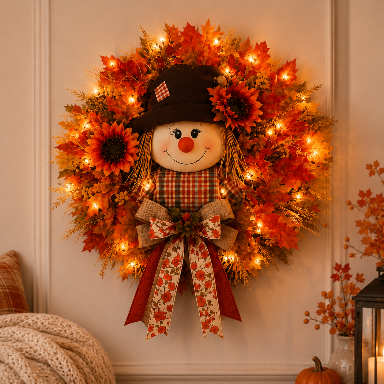 🔥🍁 Fall Favorite – Lighted Scarecrow Front Door Wreath & Free Shipping