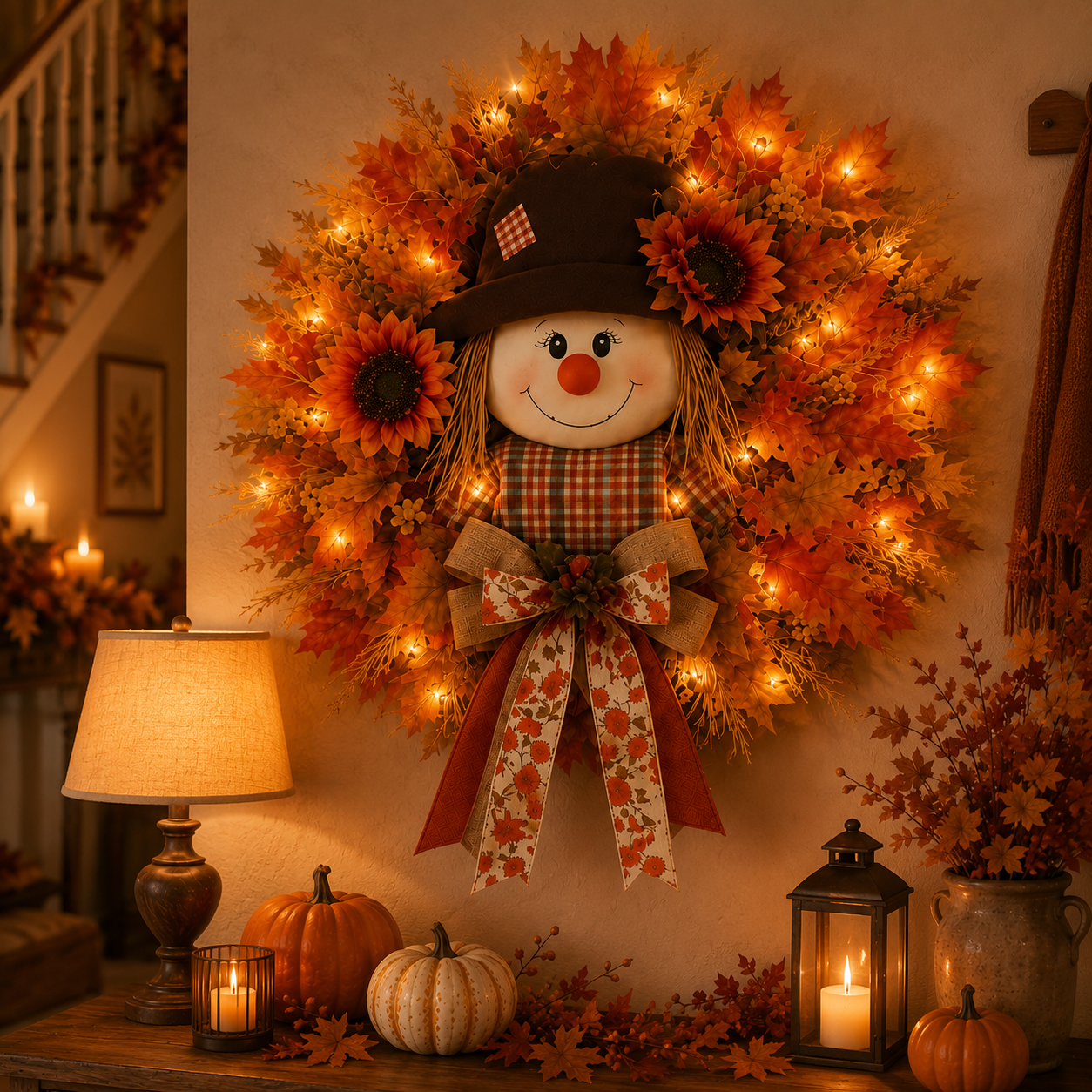 🔥🍁 Fall Favorite – Lighted Scarecrow Front Door Wreath & Free Shipping