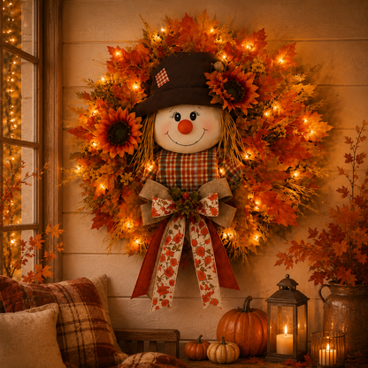 🔥🍁 Fall Favorite – Lighted Scarecrow Front Door Wreath & Free Shipping