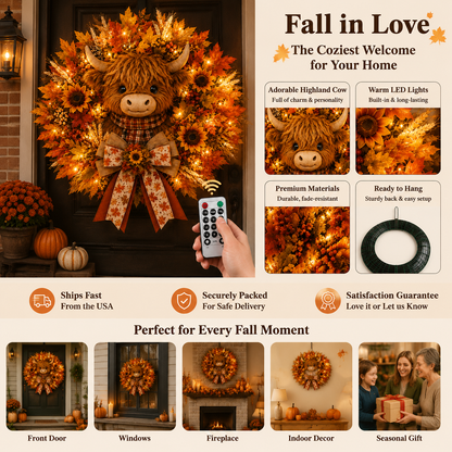 🍂🐮Autumn Highland cow wreath decoration with lights