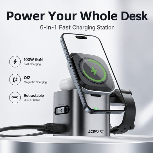⚡ 6-in-1 100W GaN Charging Station – 25W Qi2 Magnetic Charger & Retractable USB-C Cable